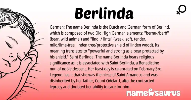 Infographic about Berlinda name meaning, Berlinda is a name from Old High German, German, Dutch origin(s).