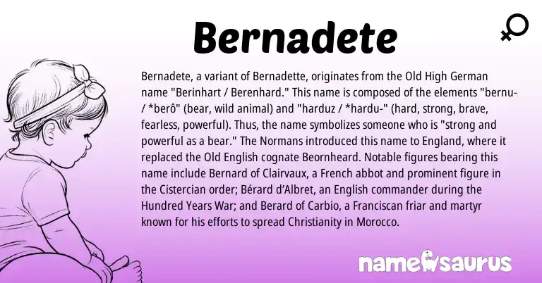 Infographic about Bernadete name meaning, Bernadete is a name from Christianity, Old High German, English, England, French, Morocco, Old English origin(s).