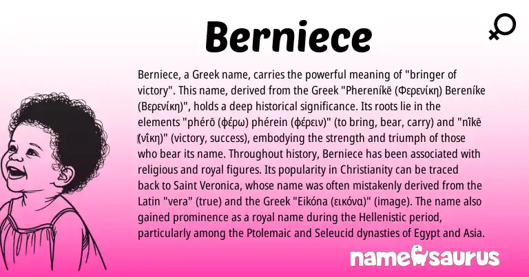 Infographic about Berniece name meaning, Berniece is a name from Christianity, Latin, Greek origin(s).