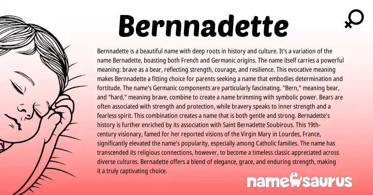 Infographic about Bernnadette name meaning, Bernnadette is a name from Germanic, French origin(s).
