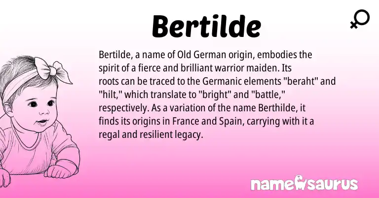 Infographic about Bertilde name meaning, Bertilde is a name from Old German, Germanic, Spain origin(s).