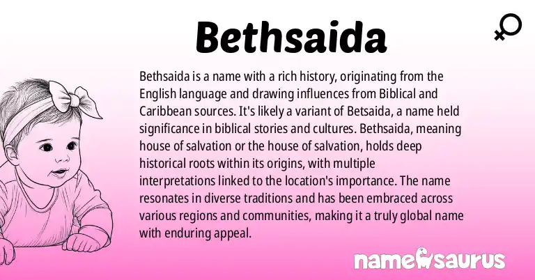 Infographic about Bethsaida name meaning, Bethsaida is a name from English, Biblical, Caribbean origin(s).