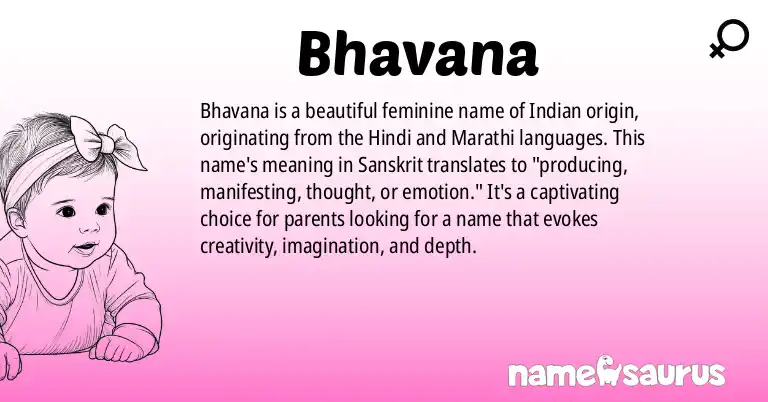 Infographic about Bhavana name meaning, Bhavana is a name from Indian, Hindi, Marathi, Kannada origin(s).