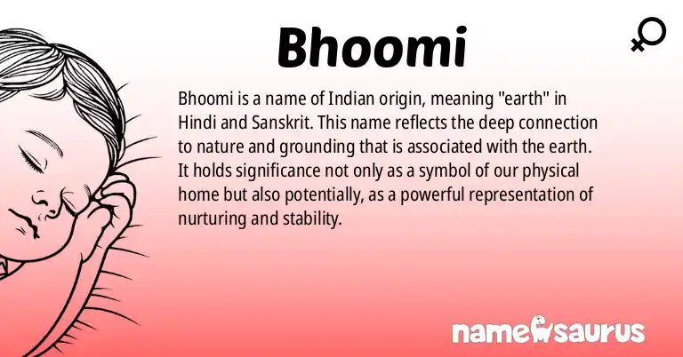 Infographic about Bhoomi name meaning, Bhoomi is a name from Hindi origin(s).