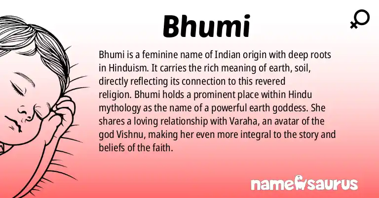 Infographic about Bhumi name meaning, Bhumi is a name from Hinduism origin(s).