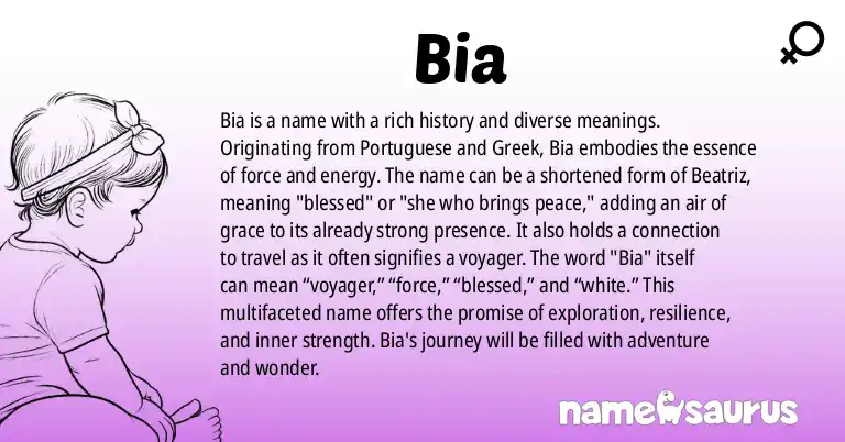 Infographic about Bia name meaning, Bia is a name from Portuguese, Greek origin(s).