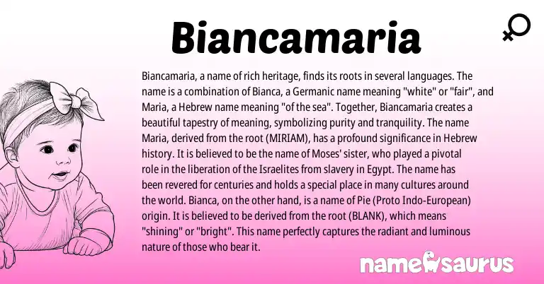 Infographic about Biancamaria name meaning, Biancamaria is a name from Pie, Germanic, European, Hebrew origin(s).