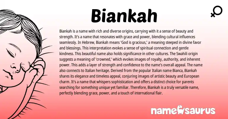 Infographic about Biankah name meaning, Biankah is a name from Hebrew, Swahili origin(s).