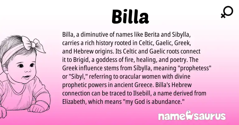 Infographic about Billa name meaning, Billa is a name from Greece, Gaelic, Celtic, Greek, Hebrew origin(s).
