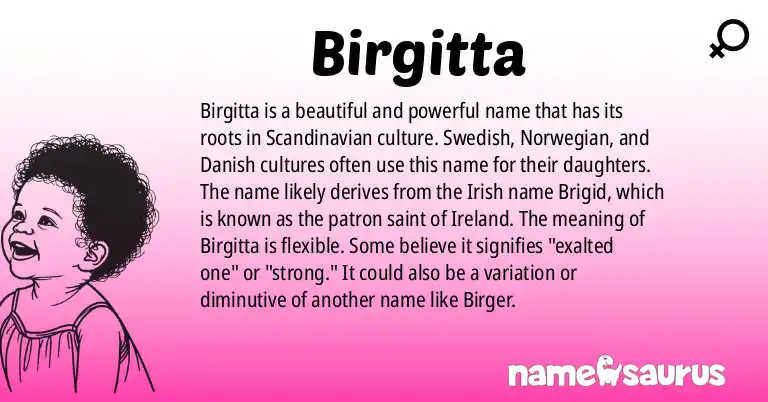 Infographic about Birgitta name meaning, Birgitta is a name from Swedish, Norwegian, Danish, Icelandic origin(s).