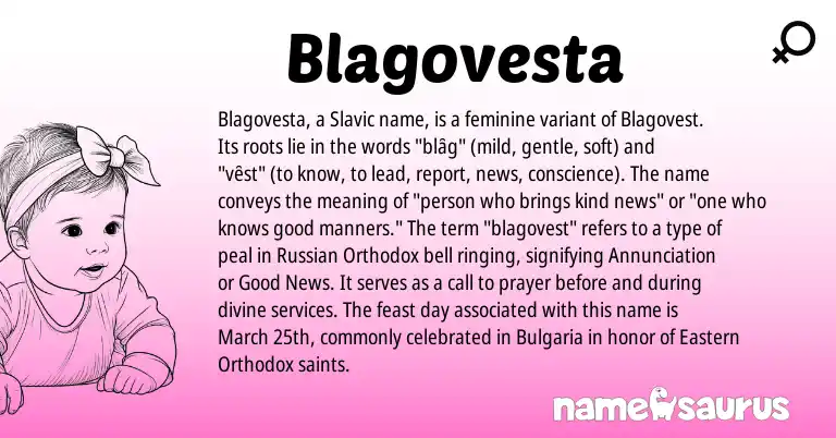 Infographic about Blagovesta name meaning, Blagovesta is a name from Russian, Slavic origin(s).