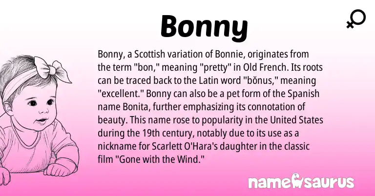 Infographic about Bonny name meaning, Bonny is a name from United States, Spanish, Old French, Latin, Scottish origin(s).