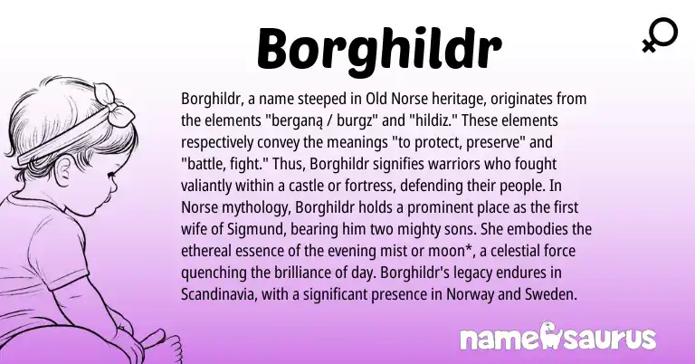 Infographic about Borghildr name meaning, Borghildr is a name from Norway, Old Norse, Norse origin(s).