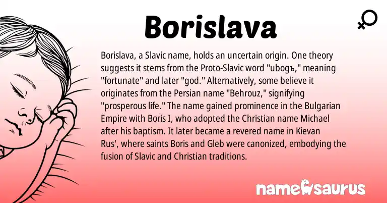 Infographic about Borislava name meaning, Borislava is a name from Slavic, Persian, Bulgarian origin(s).