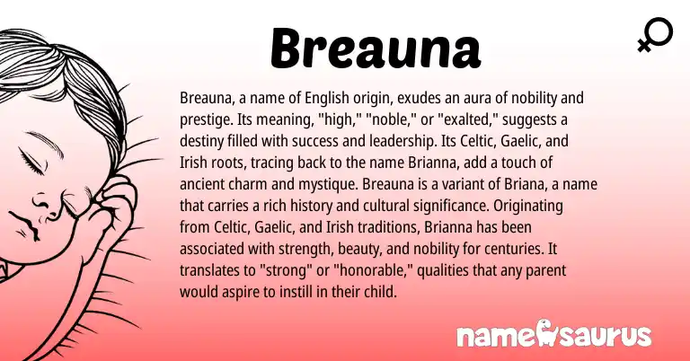 Infographic about Breauna name meaning, Breauna is a name from Irish, Gaelic, English, Celtic origin(s).