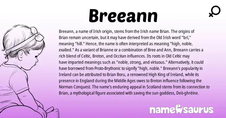 Infographic about Breeann name meaning, Breeann is a name from Irish, Old Celtic, Breton, Proto-Brythonic, Ireland, Occitan, England, Celtic, Norman, Old Irish origin(s).
