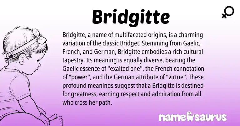 Infographic about Bridgitte name meaning, Bridgitte is a name from German, Gaelic, French origin(s).