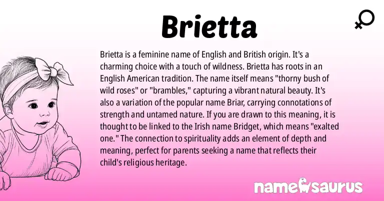 Infographic about Brietta name meaning, Brietta is a name from English (American), British, Irish origin(s).