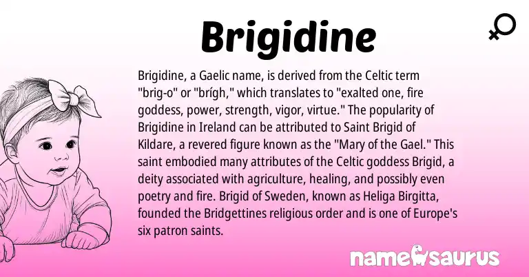 Infographic about Brigidine name meaning, Brigidine is a name from Gaelic, Celtic, Ireland origin(s).