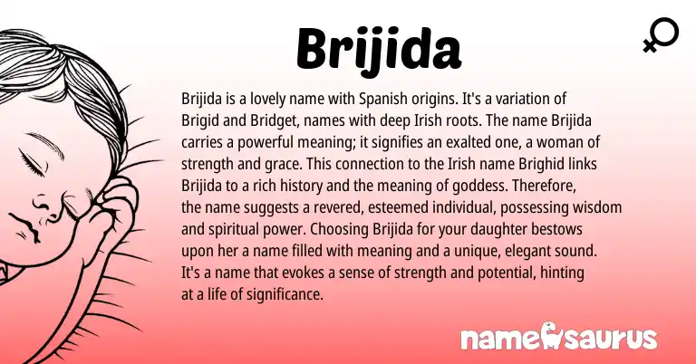 Infographic about Brijida name meaning, Brijida is a name from Gaelic, Spanish, Ga, Irish origin(s).