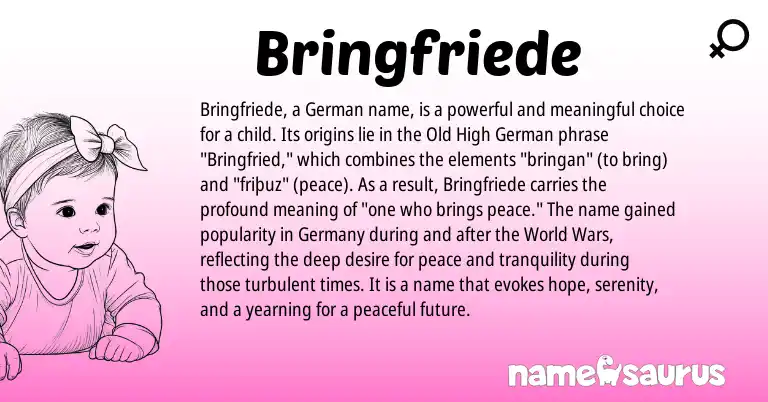 Infographic about Bringfriede name meaning, Bringfriede is a name from Old High German, German origin(s).
