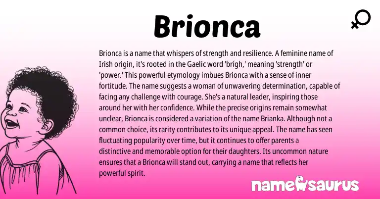 Infographic about Brionca name meaning, Brionca is a name from Gaelic, Irish origin(s).