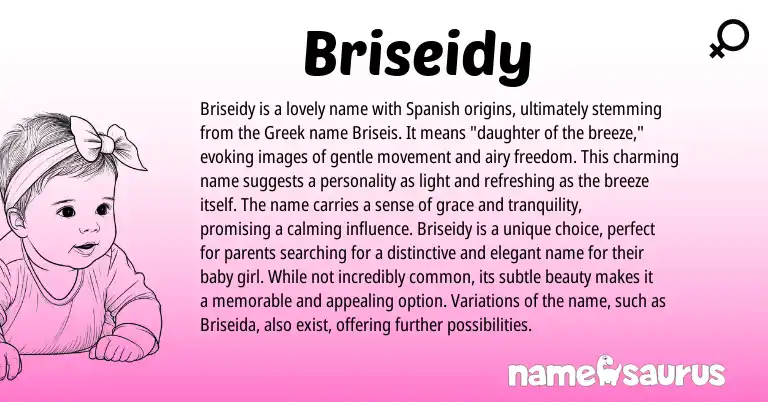 Infographic about Briseidy name meaning, Briseidy is a name from Greek, Spanish origin(s).