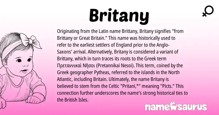 Infographic about Britany name meaning, Britany is a name from British, England, Latin, Celtic, Greek origin(s).