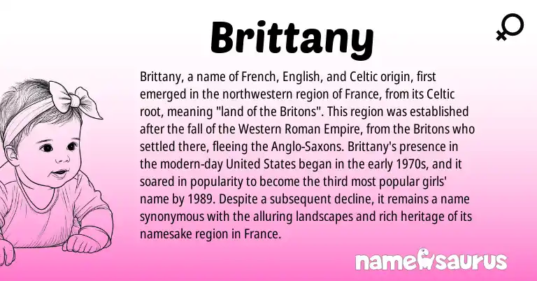 Infographic about Brittany name meaning, Brittany is a name from United States, English, French, Roman, Celtic origin(s).