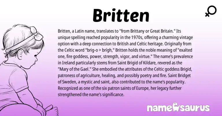 Infographic about Britten name meaning, Britten is a name from Ireland, British, Latin, Celtic origin(s).