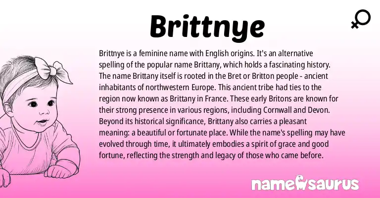 Infographic about Brittnye name meaning, Brittnye is a name from English origin(s).