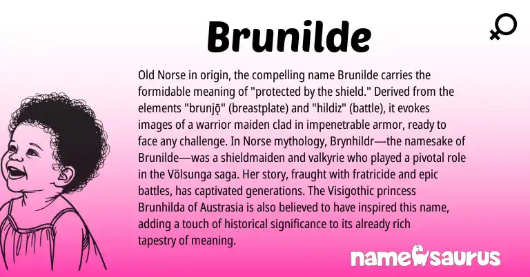 Infographic about Brunilde name meaning, Brunilde is a name from Old Norse, Norse origin(s).