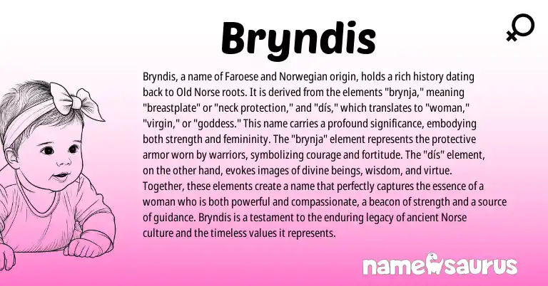 Infographic about Bryndis name meaning, Bryndis is a name from Norwegian, Old Norse, Faroese, Norse origin(s).
