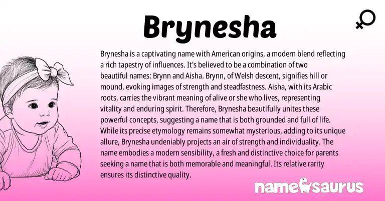 Infographic about Brynesha name meaning, Brynesha is a name from Welsh, Arabic, American origin(s).