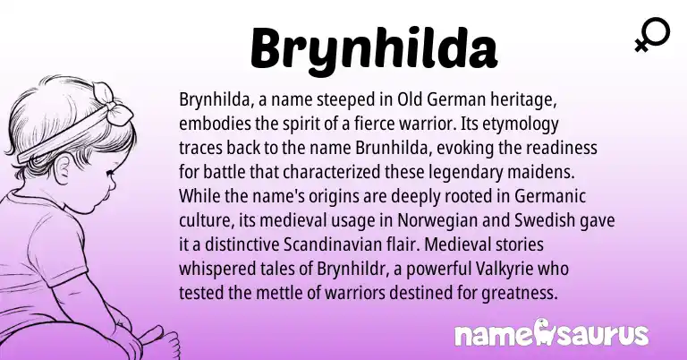 Infographic about Brynhilda name meaning, Brynhilda is a name from Scandinavian, Norwegian, Swedish, Germanic, Old German origin(s).
