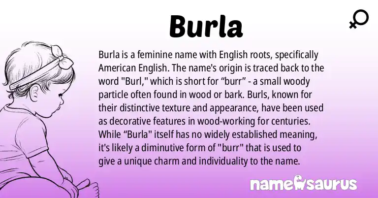 Infographic about Burla name meaning, Burla is a name from English (American) origin(s).