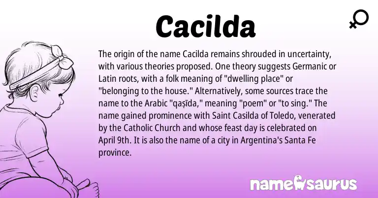 Infographic about Cacilda name meaning, Cacilda is a name from Arabic, Germanic, Latin, Argentina origin(s).