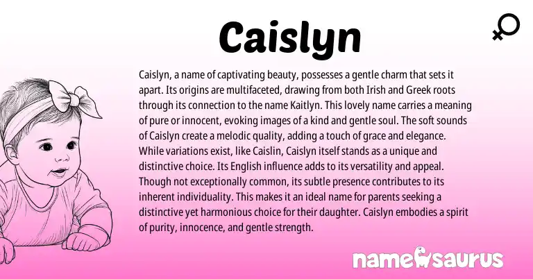 Infographic about Caislyn name meaning, Caislyn is a name from Greek, Irish origin(s).