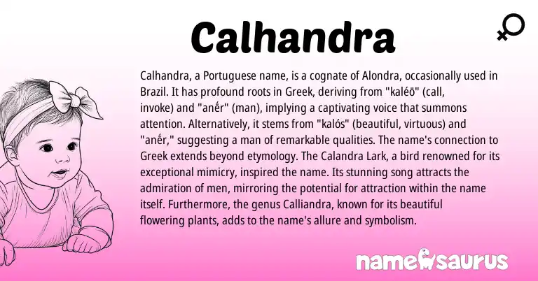 Infographic about Calhandra name meaning, Calhandra is a name from Greek, Portuguese origin(s).
