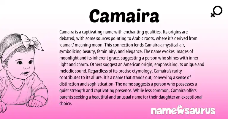 Infographic about Camaira name meaning, Camaira is a name from Arabic origin(s).