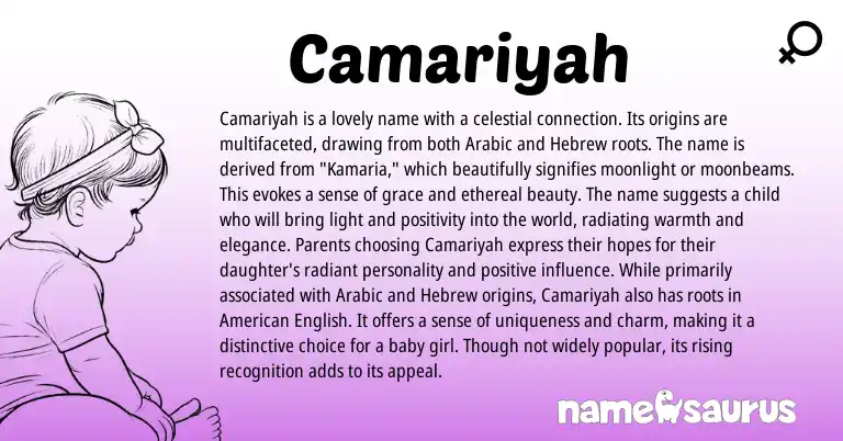 Infographic about Camariyah name meaning, Camariyah is a name from Hebrew, English, Arabic origin(s).