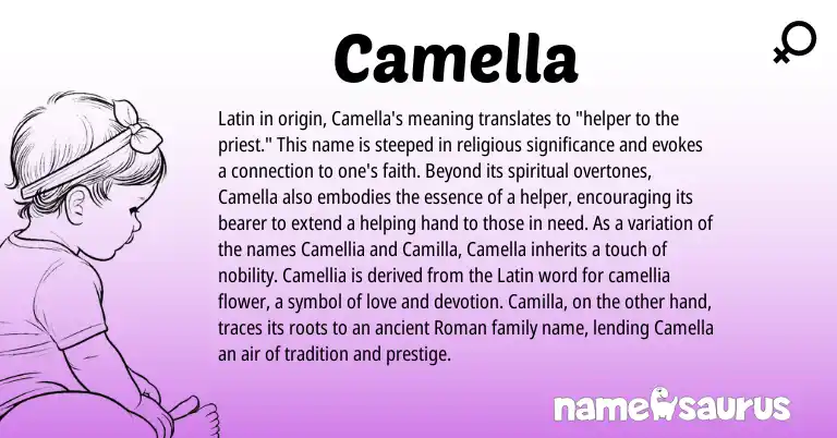 Infographic about Camella name meaning, Camella is a name from Roman, Latin origin(s).