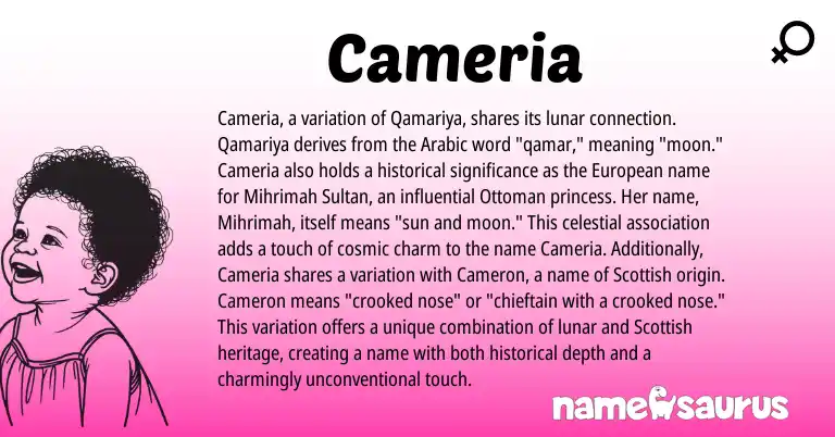Infographic about Cameria name meaning, Cameria is a name from Arabic, European, Scottish origin(s).