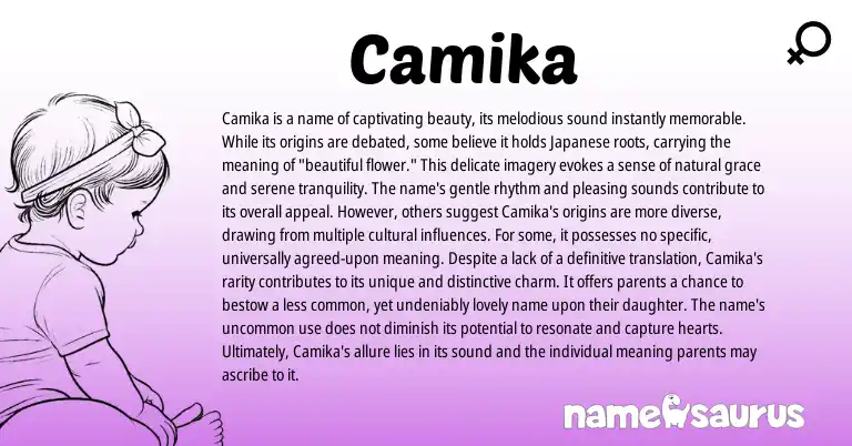 Infographic about Camika name meaning, Camika is a name from Japanese, American origin(s).