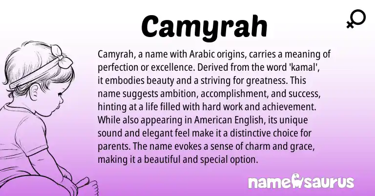 Infographic about Camyrah name meaning, Camyrah is a name from Arabic origin(s).