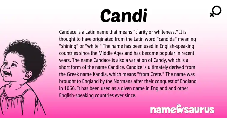 Infographic about Candi name meaning, Candi is a name from England, English, Latin, Greek origin(s).