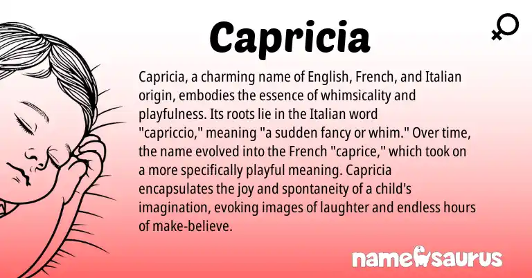 Infographic about Capricia name meaning, Capricia is a name from English, French, Italian origin(s).