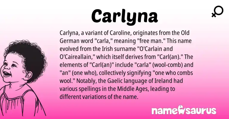 Infographic about Carlyna name meaning, Carlyna is a name from Old German, Gaelic, Ireland, Irish origin(s).