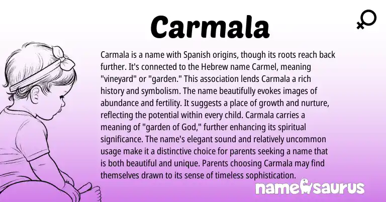 Infographic about Carmala name meaning, Carmala is a name from Hebrew, Spanish origin(s).