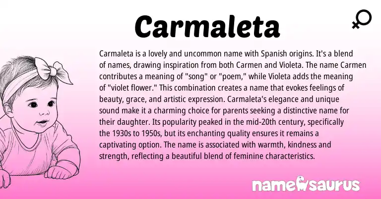 Infographic about Carmaleta name meaning, Carmaleta is a name from Latin, Spanish origin(s).